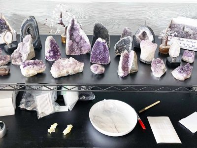 Amethyst quartz crystals on store shelf in Durham, NC